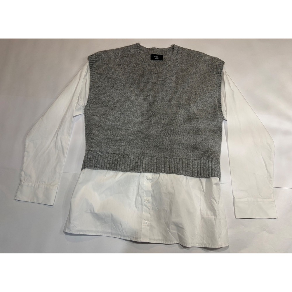 NEW VICI Grey Knit Sweater Vest White Button Down Layered Tie Back Top Small